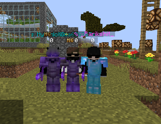 Minecraft screenshot: three players in purple and diamond armour standing together on a grassy field
