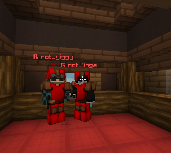 Minecraft screenshot: two red-team players in a wooden room, nametags not_yiggy and not_linga